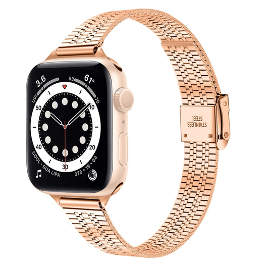 14mm Seven-beads Double Safety Buckle Slim Steel Watch Band For Apple Watch Series 9&8&7 41mm / SE 3&SE 2&6&SE&5&4 40mm / 3&2&1 38mm(Rose Gold) by bashfashion