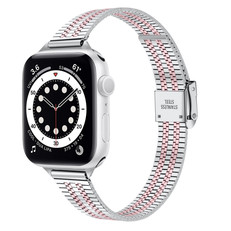 14mm Seven-beads Double Safety Buckle Slim Steel Watch Band For Apple Watch Series 9&8&7 41mm / SE 3&SE 2&6&SE&5&4 40mm / 3&2&1 38mm(Silver Pink) by bashfashion
