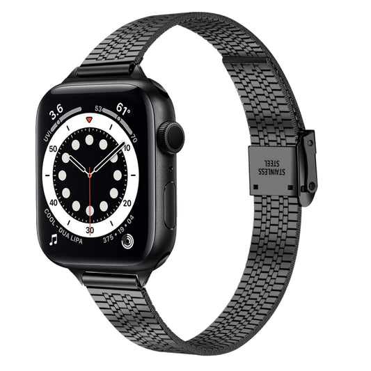 14mm Seven-beads Double Safety Buckle Slim Steel Watch Band For Apple Watch Ultra 49mm&Watch Ultra 2 49mm / Series 9&8&7 45mm / SE 3&SE 2&6&SE&5&4 44mm / 3&2&1 42mm(Black) by bashfashion
