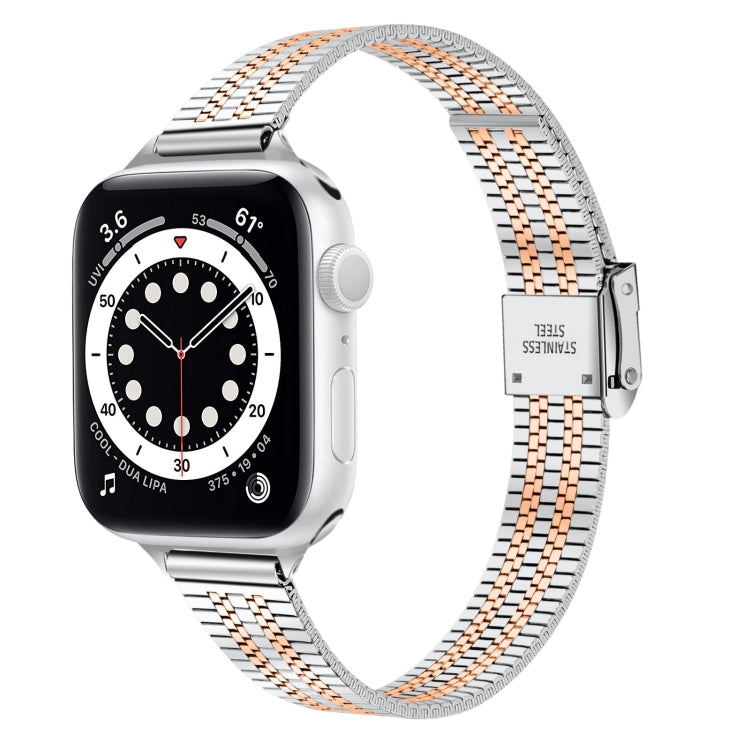 14mm Seven-beads Double Safety Buckle Slim Steel Watch Band For Apple Watch Ultra 49mm&Watch Ultra 2 49mm / Series 9&8&7 45mm / SE 3&SE 2&6&SE&5&4 44mm / 3&2&1 42mm(Silver Gold) by bashfashion