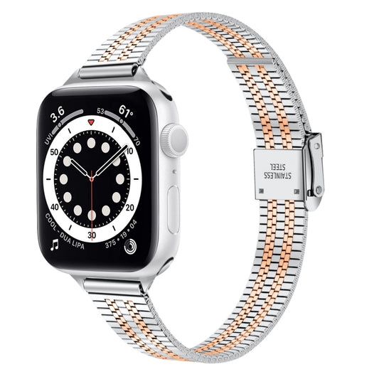 14mm Seven-beads Double Safety Buckle Slim Steel Watch Band For Apple Watch Ultra 49mm&Watch Ultra 2 49mm / Series 9&8&7 45mm / SE 3&SE 2&6&SE&5&4 44mm / 3&2&1 42mm(Silver Gold) by bashfashion