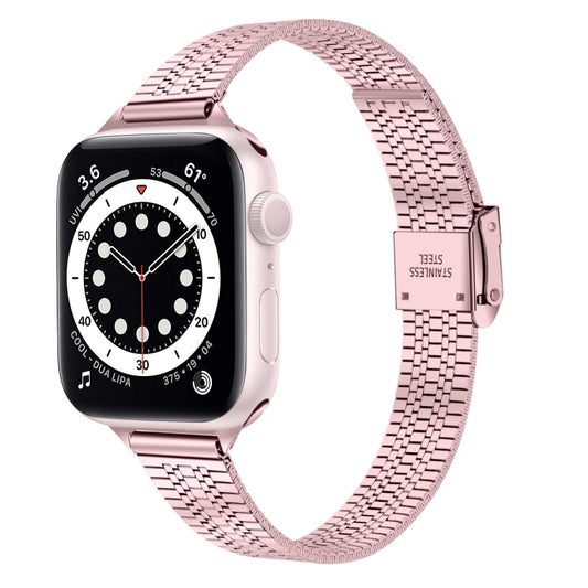 14mm Seven-beads Double Safety Buckle Slim Steel Watch Band For Apple Watch Ultra 49mm&Watch Ultra 2 49mm / Series 9&8&7 45mm / SE 3&SE 2&6&SE&5&4 44mm / 3&2&1 42mm(Rose Pink) by bashfashion