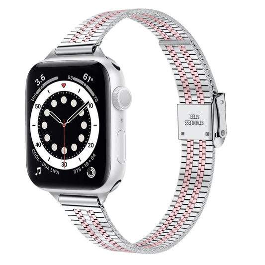 14mm Seven-beads Double Safety Buckle Slim Steel Watch Band For Apple Watch Ultra 49mm&Watch Ultra 2 49mm / Series 9&8&7 45mm / SE 3&SE 2&6&SE&5&4 44mm / 3&2&1 42mm(Silver Pink) by bashfashion