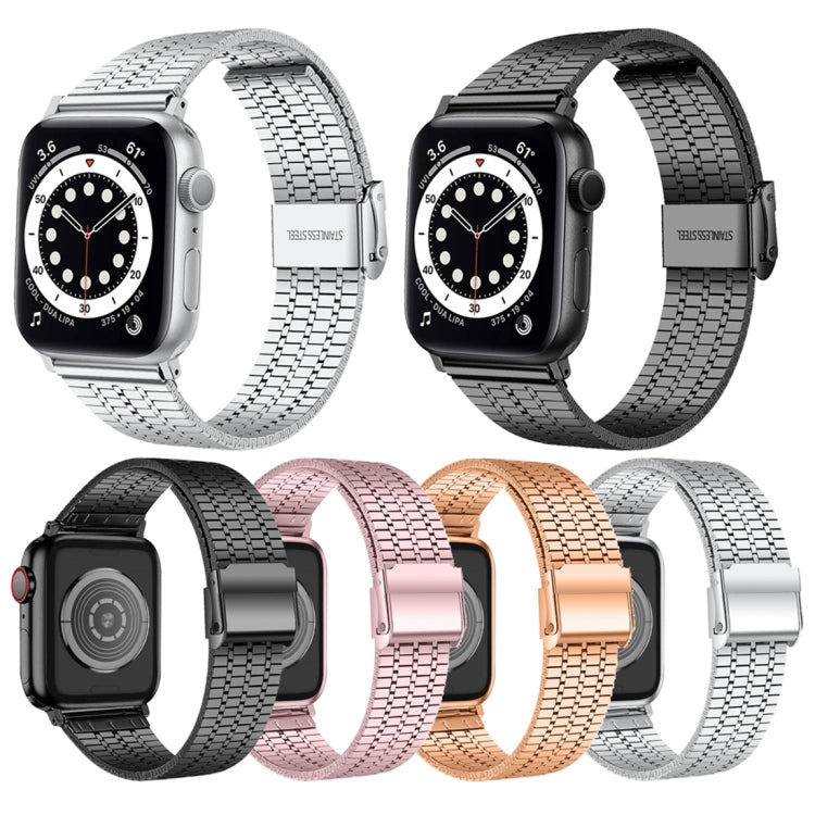 Seven-beads Double Safety Buckle Steel Watch Band For Apple Watch Series 9&8&7 41mm / SE 3&SE 2&6&SE&5&4 40mm / 3&2&1 38mm(Black) by bashfashion