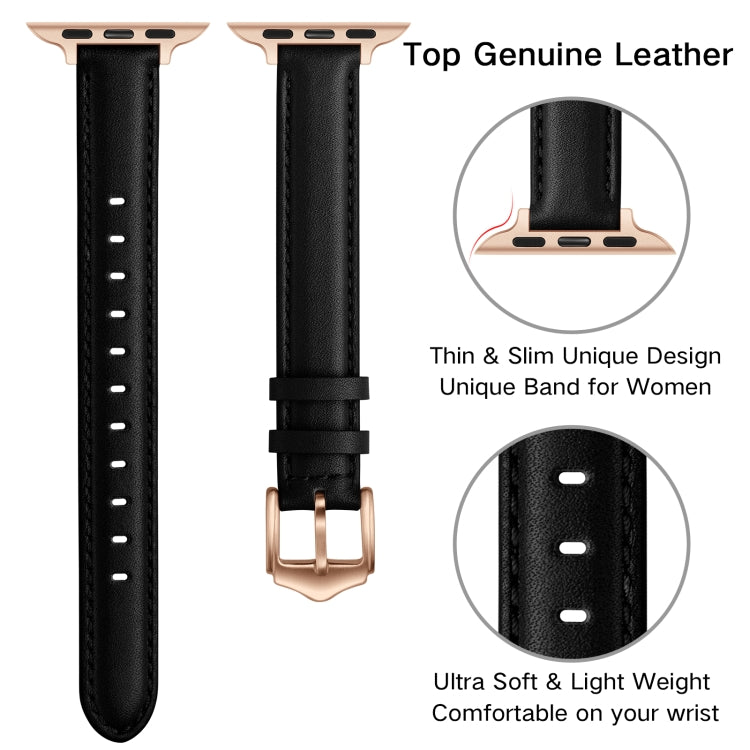 Business Style Leather Watch Band For Apple Watch Series 9&8&7 41mm / SE 3&SE 2&6&SE&5&4 40mm / 3&2&1 38mm(Black Rose Gold Buckle) by bashfashion
