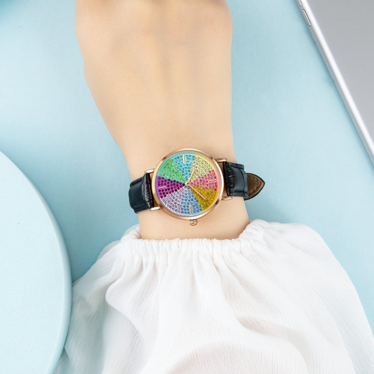 SKMEI 1811 Eight Color Diamond Round Dial Quartz Watch for Ladies(Black Leather Belt) by SKMEI