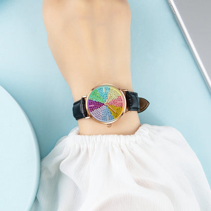 SKMEI 1811 Eight Color Diamond Round Dial Quartz Watch for Ladies(Black Leather Belt) by SKMEI