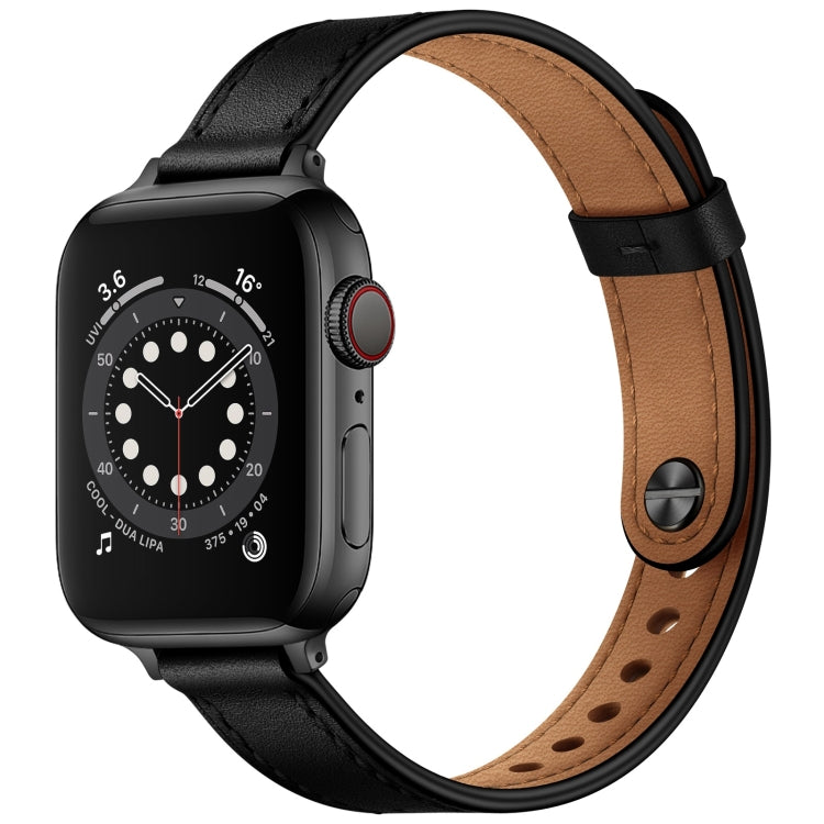 14mm Couple Style Leather Watch Band For Apple Watch Series 9&8&7 41mm / SE 3&SE 2&6&SE&5&4 40mm / 3&2&1 38mm(Black Black Buckle) by bashfashion