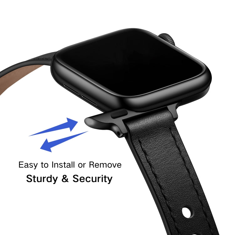 14mm Couple Style Leather Watch Band For Apple Watch Series 9&8&7 41mm / SE 3&SE 2&6&SE&5&4 40mm / 3&2&1 38mm(Black Black Buckle) by bashfashion