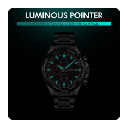 SKMEI 9192 Men Calendar Timing Stainless Steel Belt Luminous Quartz Watch(Silver Black) by SKMEI