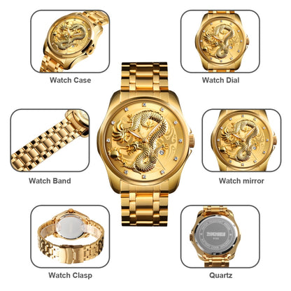 SKMEI 9193 Men Golden Dragon Pattern Calendar Dial Luminous Quartz Watch(Gold Blue) by SKMEI
