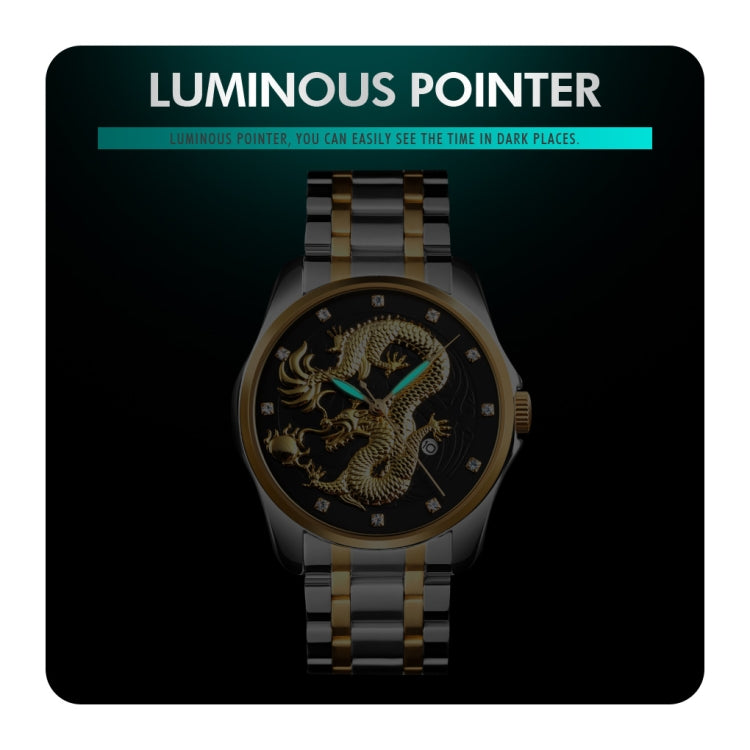 SKMEI 9193 Men Golden Dragon Pattern Calendar Dial Luminous Quartz Watch(Silver Black) by SKMEI