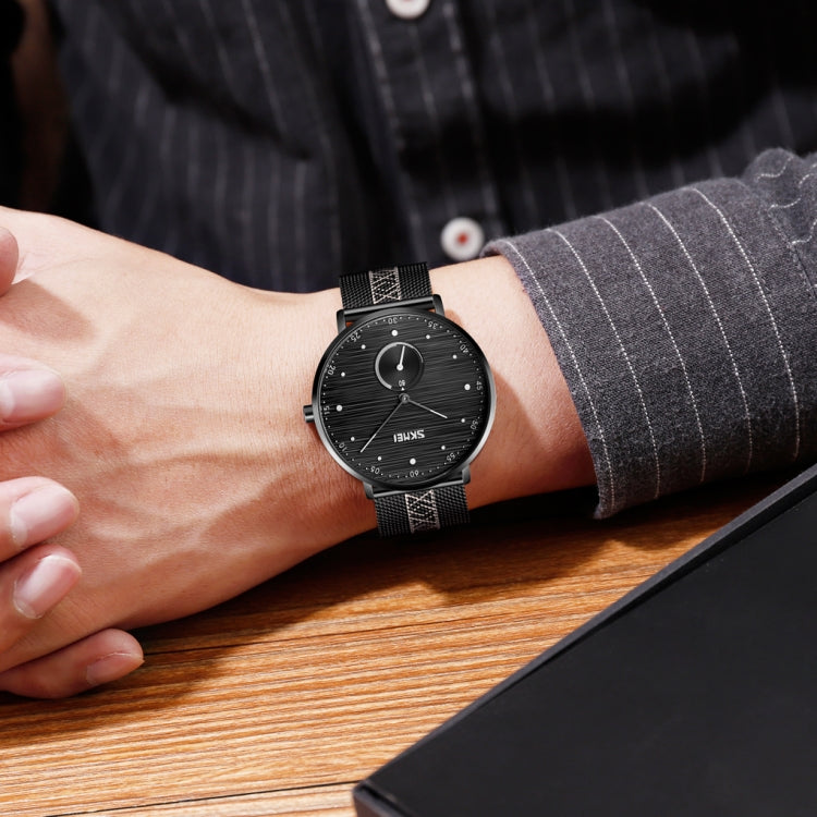 SKMEI 9218 Men Horizontal Striped Arabic Numeral Dial Mesh Belt Quartz Watch(Red) by SKMEI