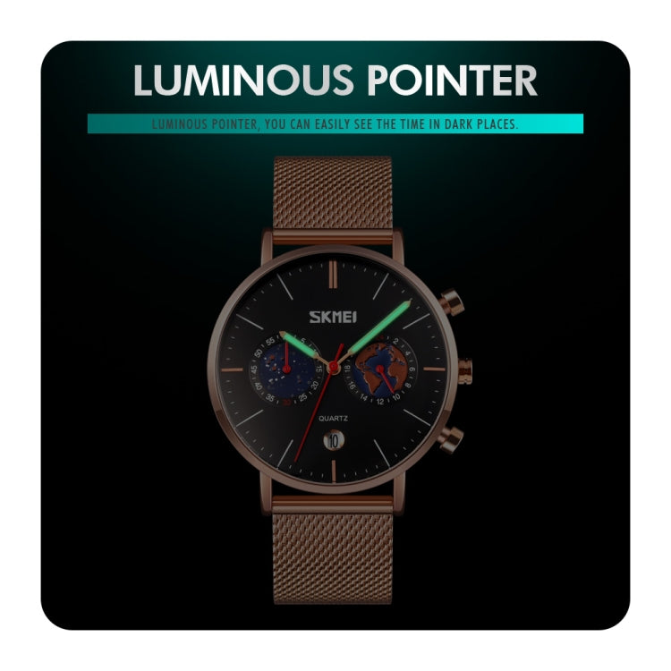 SKMEI 9231 Men Map Pattern Calendar Stopwatch Stainless Steel Strap Quartz Watch(Rose Gold) by SKMEI