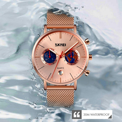 SKMEI 9231 Men Map Pattern Calendar Stopwatch Stainless Steel Strap Quartz Watch(Rose Gold) by SKMEI