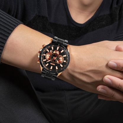 SKMEI 9241 Men Calendar Stopwatch Stainless Steel Strap Quartz Watch(Rose Gold Blue) by SKMEI