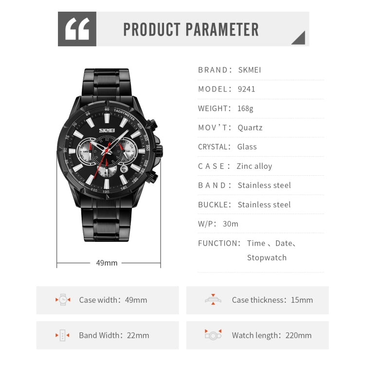 SKMEI 9241 Men Calendar Stopwatch Stainless Steel Strap Quartz Watch(Black) by SKMEI