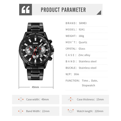 SKMEI 9241 Men Calendar Stopwatch Stainless Steel Strap Quartz Watch(Black) by SKMEI