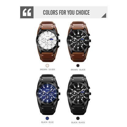 SKMEI 9249 Men Moonphase Calendar Stopwatch Leather Strap Quartz Watch(Black) by SKMEI