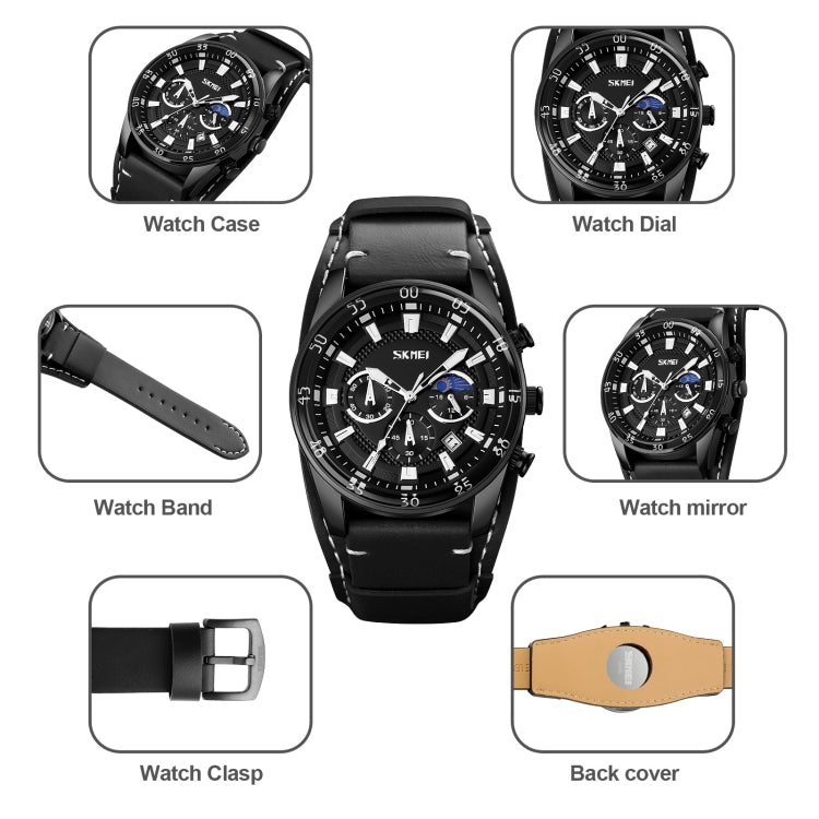 SKMEI 9249 Men Moonphase Calendar Stopwatch Leather Strap Quartz Watch(Black) by SKMEI