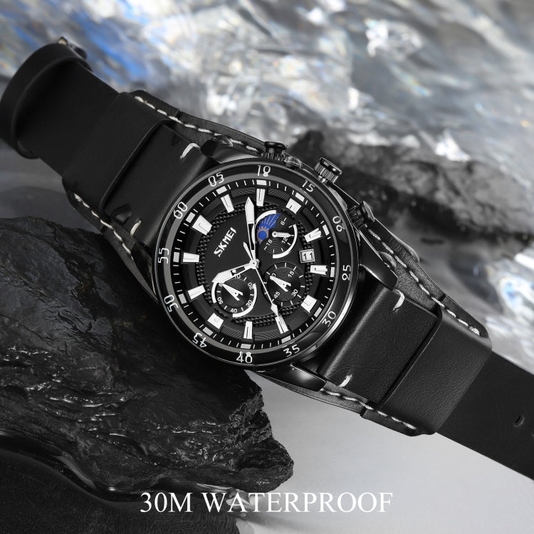 SKMEI 9249 Men Moonphase Calendar Stopwatch Leather Strap Quartz Watch(Brown Silver) by SKMEI