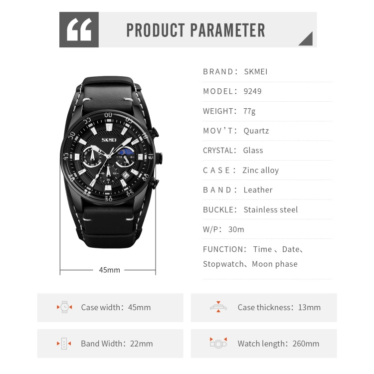 SKMEI 9249 Men Moonphase Calendar Stopwatch Leather Strap Quartz Watch(Black) by SKMEI