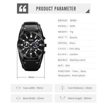 SKMEI 9249 Men Moonphase Calendar Stopwatch Leather Strap Quartz Watch(Black) by SKMEI