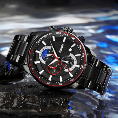 SKMEI 9250 Men Moonphase Stopwatch Date Six Pin Stainless Steel Strap Quartz Watch(Gold Blue) by SKMEI