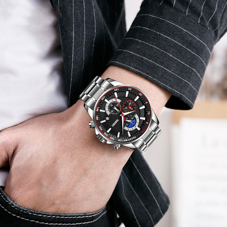 SKMEI 9250 Men Moonphase Stopwatch Date Six Pin Stainless Steel Strap Quartz Watch(Silver Blue) by SKMEI