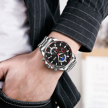 SKMEI 9250 Men Moonphase Stopwatch Date Six Pin Stainless Steel Strap Quartz Watch(Gold Blue) by SKMEI