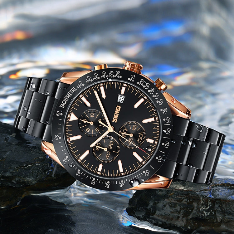 SKMEI 9253 Men Stopwatch Date Six Pin Stainless Steel Strap Quartz Watch(Gold Black) by SKMEI