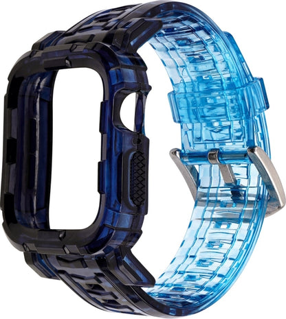 Gradient TPU Integrated Case Strap For Apple Watch Series 9 / 8 / 7 45mm / 6 / 5 / 4 / Watch SE 44mm / Watch 42mm(Double Blue-Silver Clasp) by bashfashion
