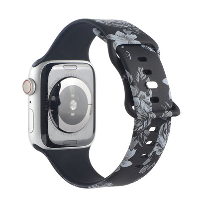 8-buckle Printed Strap Watch Band For Apple Watch Ultra 49mm&Watch Ultra 2 49mm / Series 9&8&7 45mm / SE 3&SE 2&6&SE&5&4 44mm / 3&2&1 42mm(Black Background White Flower) by bashfashion
