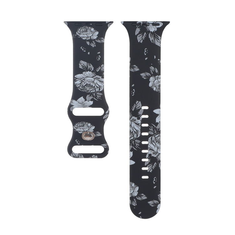 8-buckle Printed Strap Watch Band For Apple Watch Ultra 49mm&Watch Ultra 2 49mm / Series 9&8&7 45mm / SE 3&SE 2&6&SE&5&4 44mm / 3&2&1 42mm(Black Background White Flower) by bashfashion