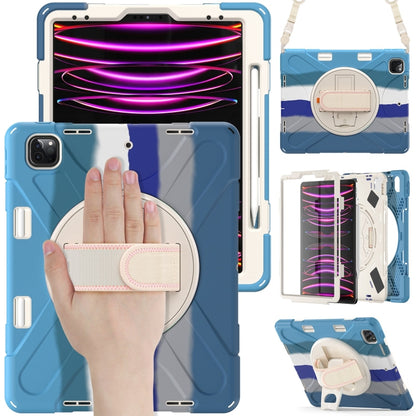 For iPad Pro 12.9 2022 / 2021 Rotatable Holder Silicone Hybrid PC Tablet Case with Shoulder Strap(Colorful Blue) by bashfashion