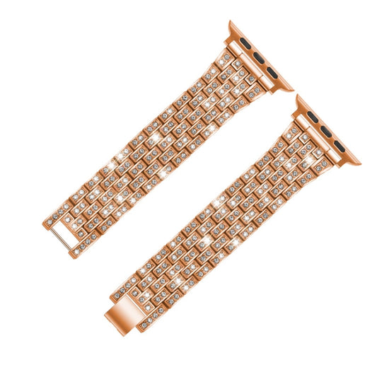 Five-beads Diamond Steel Watch Band For Apple Watch Series 9&8&7 41mm / SE 3&SE 2&6&SE&5&4 40mm / 3&2&1 38mm(Rose Gold) by bashfashion