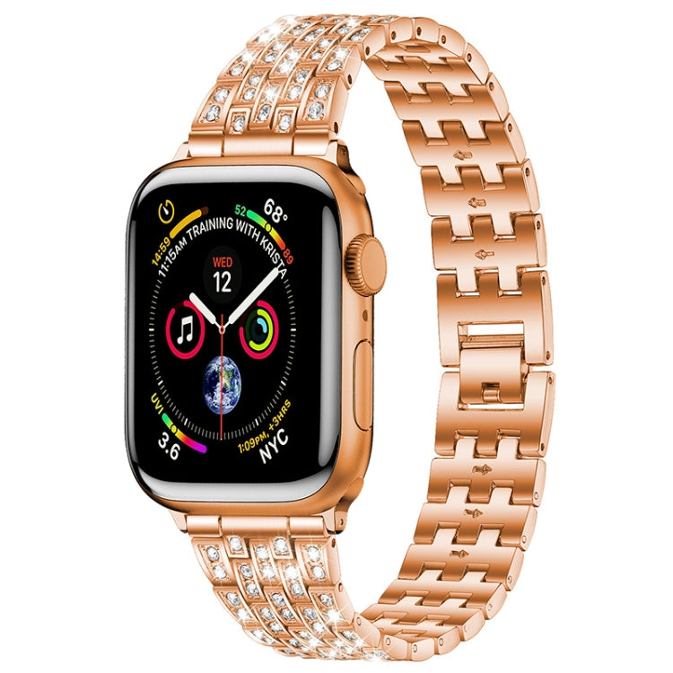 Five-beads Diamond Steel Watch Band For Apple Watch Series 9&8&7 41mm / SE 3&SE 2&6&SE&5&4 40mm / 3&2&1 38mm(Rose Gold) by bashfashion