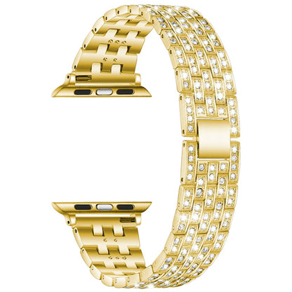 Five-beads Diamond Steel Watch Band For Apple Watch Ultra 49mm&Watch Ultra 2 49mm / Series 9&8&7 45mm / SE 3&SE 2&6&SE&5&4 44mm / 3&2&1 42mm(Gold) by bashfashion