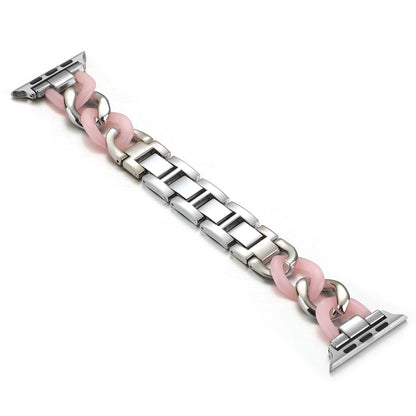 Cowboy Chain + Resin Metal Watch Band For Apple Watch Ultra 49mm&Watch Ultra 2 49mm / Series 9&8&7 45mm / SE 3&SE 2&6&SE&5&4 44mm / 3&2&1 42mm(Silver+Pink) by bashfashion
