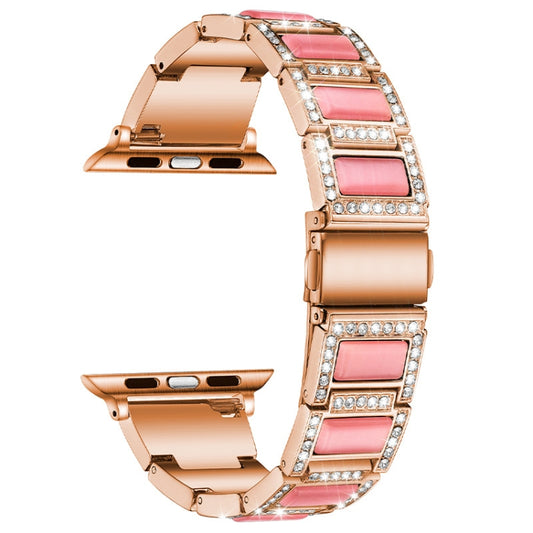 Three-beads Diamond + Gemstone Watch Band For Apple Watch Series 9&8&7 41mm / SE 3&SE 2&6&SE&5&4 40mm / 3&2&1 38mm(Rose Gold Pink) by bashfashion