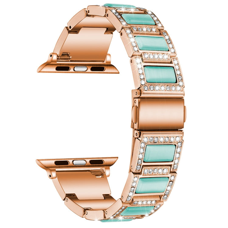 Three-beads Diamond + Gemstone Watch Band For Apple Watch Series 9&8&7 41mm / SE 3&SE 2&6&SE&5&4 40mm / 3&2&1 38mm(Rose Gold Blue) by bashfashion