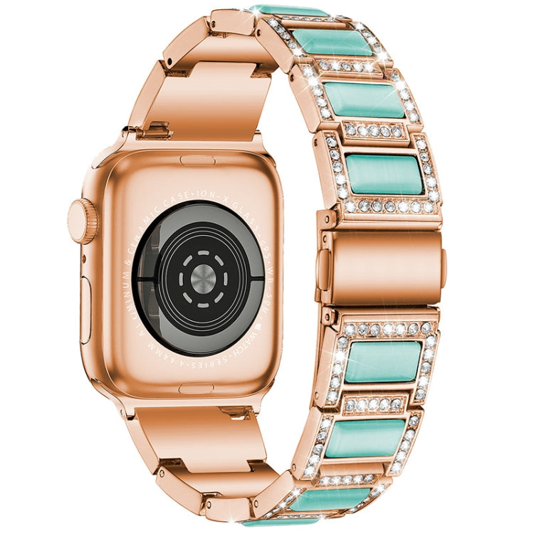 Three-beads Diamond + Gemstone Watch Band For Apple Watch Series 9&8&7 41mm / SE 3&SE 2&6&SE&5&4 40mm / 3&2&1 38mm(Rose Gold Blue) by bashfashion