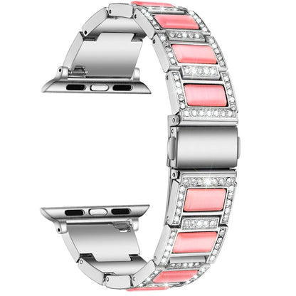 Three-beads Diamond + Gemstone Watch Band For Apple Watch Series 9&8&7 41mm / SE 3&SE 2&6&SE&5&4 40mm / 3&2&1 38mm(Silver Pink) by bashfashion