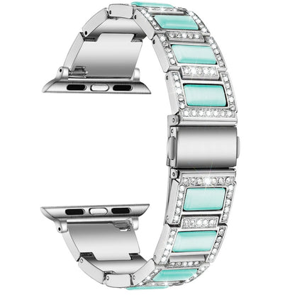 Three-beads Diamond + Gemstone Watch Band For Apple Watch Series 9&8&7 41mm / SE 3&SE 2&6&SE&5&4 40mm / 3&2&1 38mm(Silver Blue) by bashfashion