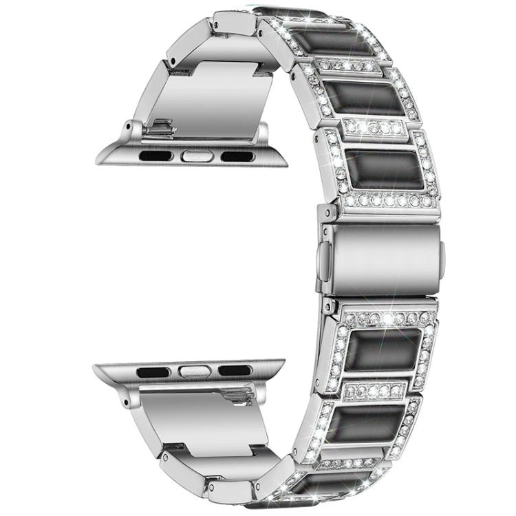 Three-beads Diamond + Gemstone Watch Band For Apple Watch Series 9&8&7 41mm / SE 3&SE 2&6&SE&5&4 40mm / 3&2&1 38mm(Silver Black) by bashfashion