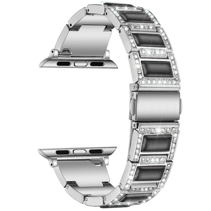 Three-beads Diamond + Gemstone Watch Band For Apple Watch Series 9&8&7 41mm / SE 3&SE 2&6&SE&5&4 40mm / 3&2&1 38mm(Silver Black) by bashfashion