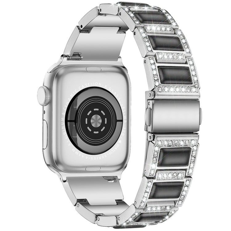 Three-beads Diamond + Gemstone Watch Band For Apple Watch Series 9&8&7 41mm / SE 3&SE 2&6&SE&5&4 40mm / 3&2&1 38mm(Silver Black) by bashfashion