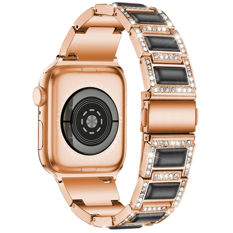 Three-beads Diamond + Gemstone Watch Band For Apple Watch Ultra 49mm&Watch Ultra 2 49mm / Series 9&8&7 45mm / SE 3&SE 2&6&SE&5&4 44mm / 3&2&1 42mm(Rose Gold Black) by bashfashion