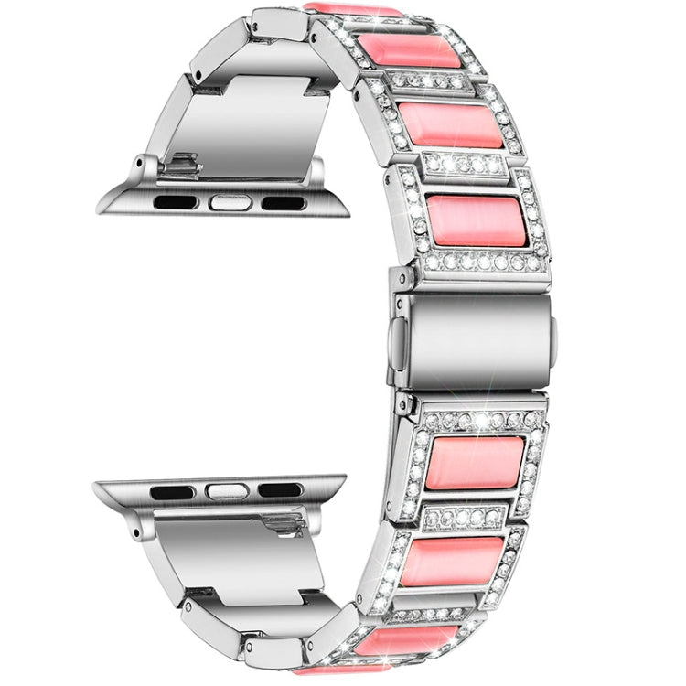 Three-beads Diamond + Gemstone Watch Band For Apple Watch Ultra 49mm&Watch Ultra 2 49mm / Series 9&8&7 45mm / SE 3&SE 2&6&SE&5&4 44mm / 3&2&1 42mm(Silver Pink) by bashfashion