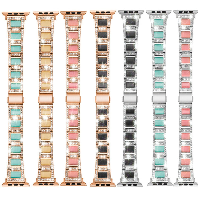 Three-beads Diamond + Gemstone Watch Band For Apple Watch Ultra 49mm&Watch Ultra 2 49mm / Series 9&8&7 45mm / SE 3&SE 2&6&SE&5&4 44mm / 3&2&1 42mm(Rose Gold Black) by bashfashion